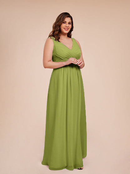 Jurnee Floor Length V-neck Ruched Chiffon Plus Size Bridesmaid Dress