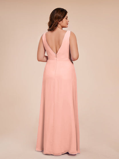 Jurnee Floor Length V-neck Ruched Chiffon Plus Size Bridesmaid Dress