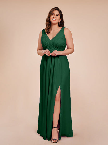 Jurnee Floor Length V-neck Ruched Chiffon Plus Size Bridesmaid Dress