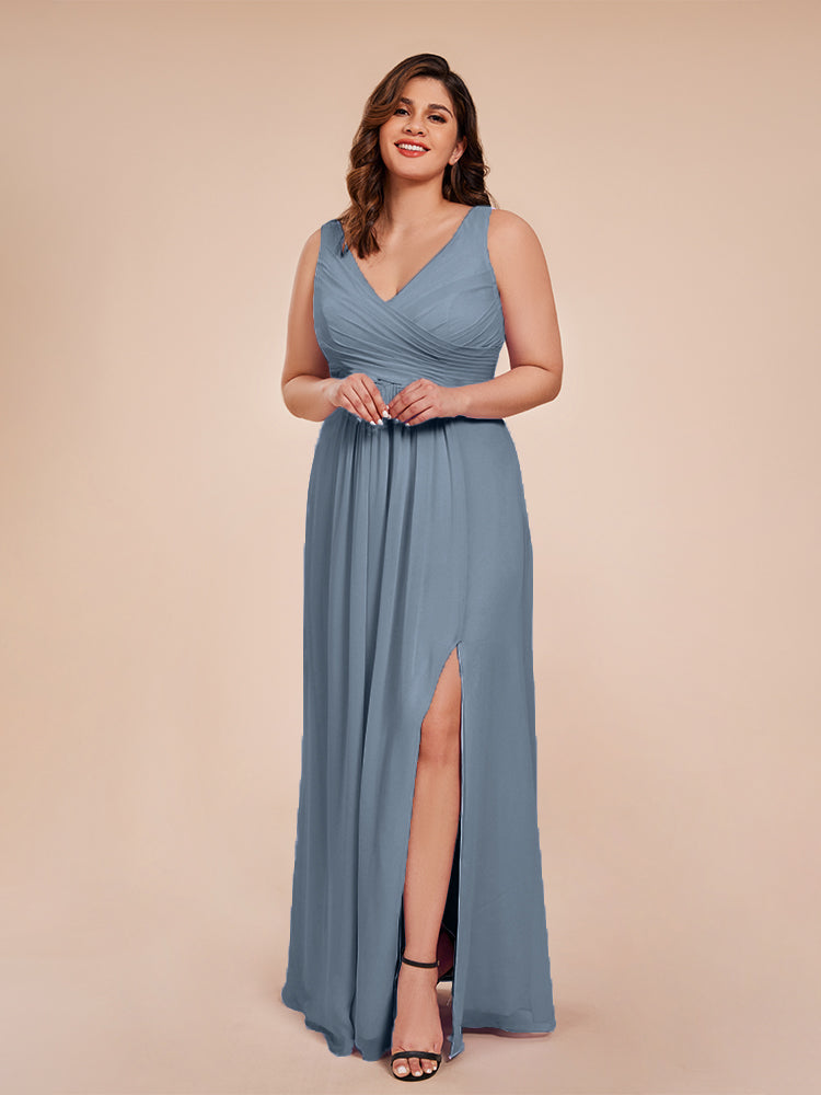 Jurnee Floor Length V-neck Ruched Chiffon Plus Size Bridesmaid Dress