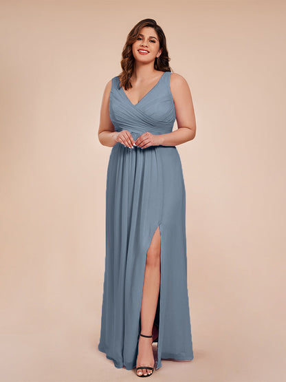 Jurnee Floor Length V-neck Ruched Chiffon Plus Size Bridesmaid Dress