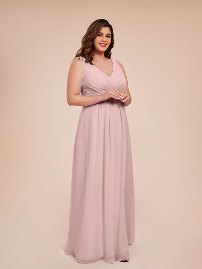 Jurnee Floor Length V-neck Ruched Chiffon Plus Size Bridesmaid Dress
