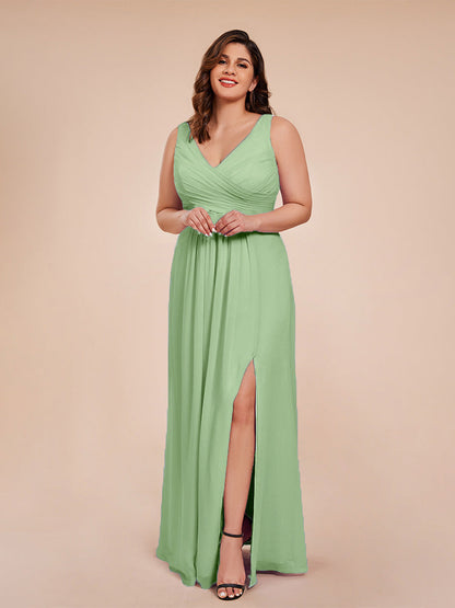 Jurnee Floor Length V-neck Ruched Chiffon Plus Size Bridesmaid Dress