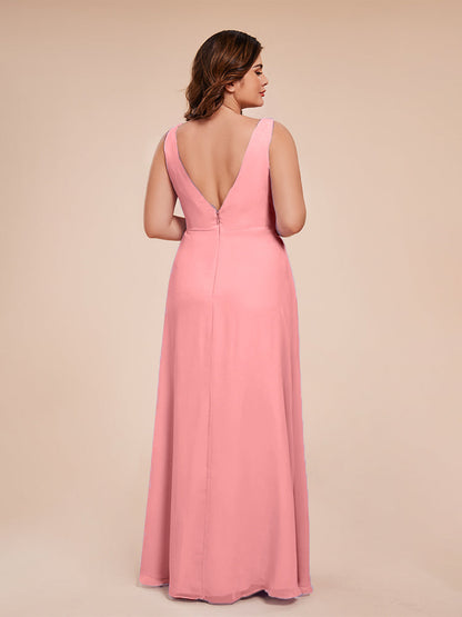 Jurnee Floor Length V-neck Ruched Chiffon Plus Size Bridesmaid Dress