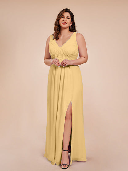 Jurnee Floor Length V-neck Ruched Chiffon Plus Size Bridesmaid Dress