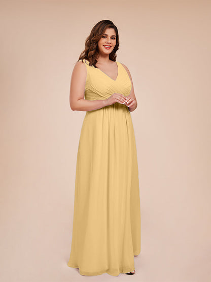 Jurnee Floor Length V-neck Ruched Chiffon Plus Size Bridesmaid Dress