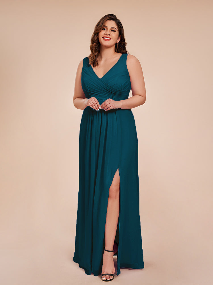 Jurnee Floor Length V-neck Ruched Chiffon Plus Size Bridesmaid Dress