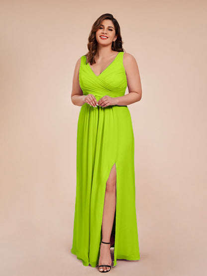 Jurnee Floor Length V-neck Ruched Chiffon Plus Size Bridesmaid Dress