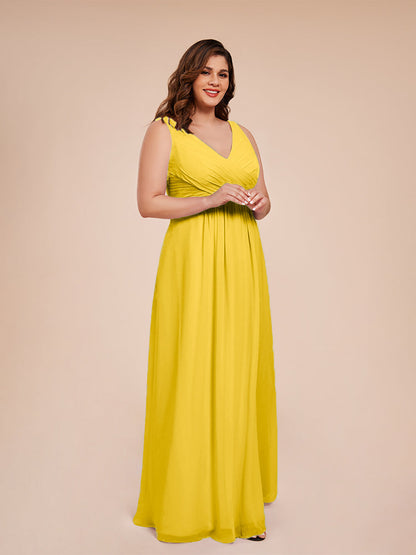 Jurnee Floor Length V-neck Ruched Chiffon Plus Size Bridesmaid Dress