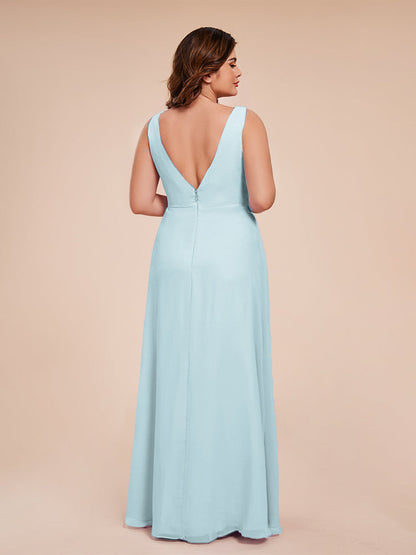 Jurnee Floor Length V-neck Ruched Chiffon Plus Size Bridesmaid Dress