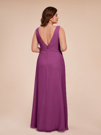 Jurnee Floor Length V-neck Ruched Chiffon Plus Size Bridesmaid Dress