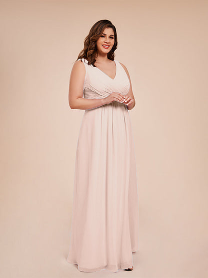 Jurnee Floor Length V-neck Ruched Chiffon Plus Size Bridesmaid Dress