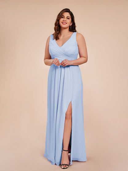 Jurnee Floor Length V-neck Ruched Chiffon Plus Size Bridesmaid Dress