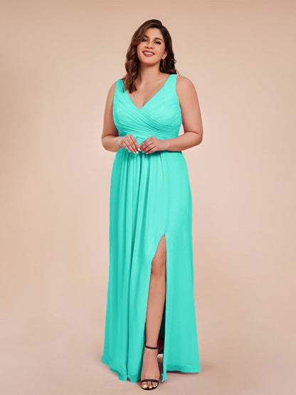 Jurnee Floor Length V-neck Ruched Chiffon Plus Size Bridesmaid Dress