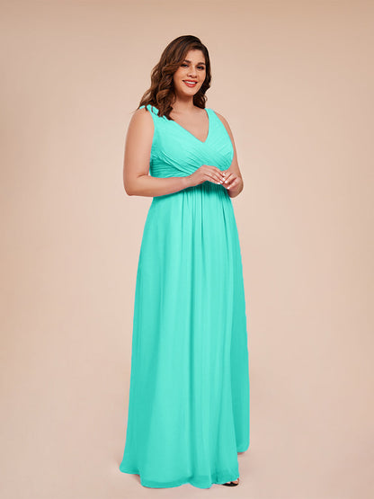 Jurnee Floor Length V-neck Ruched Chiffon Plus Size Bridesmaid Dress