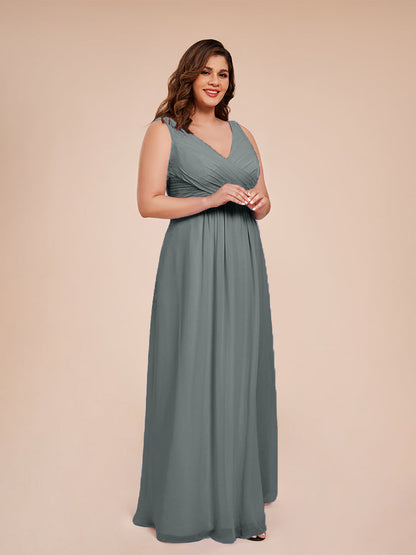 Jurnee Floor Length V-neck Ruched Chiffon Plus Size Bridesmaid Dress