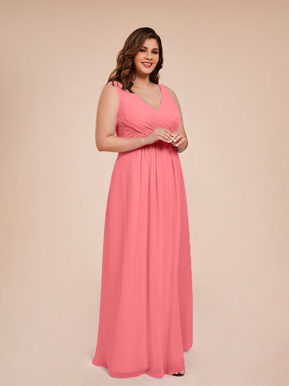 Jurnee Floor Length V-neck Ruched Chiffon Plus Size Bridesmaid Dress
