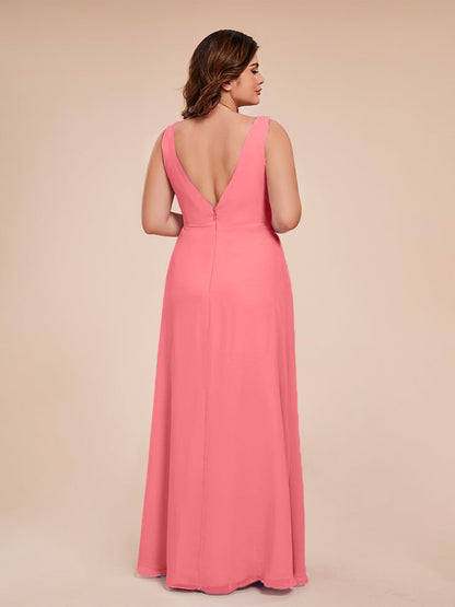 Jurnee Floor Length V-neck Ruched Chiffon Plus Size Bridesmaid Dress