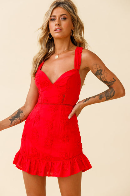 Charity Criss-Cross Back Floral Embroidered Dress Red