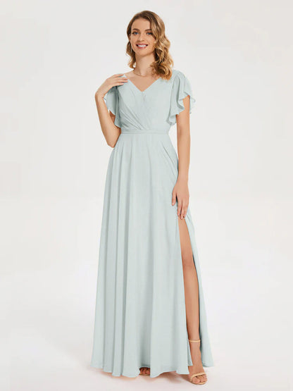 Kate V-neck Pleats Chiffon Bridesmaid Dress with Ruffles