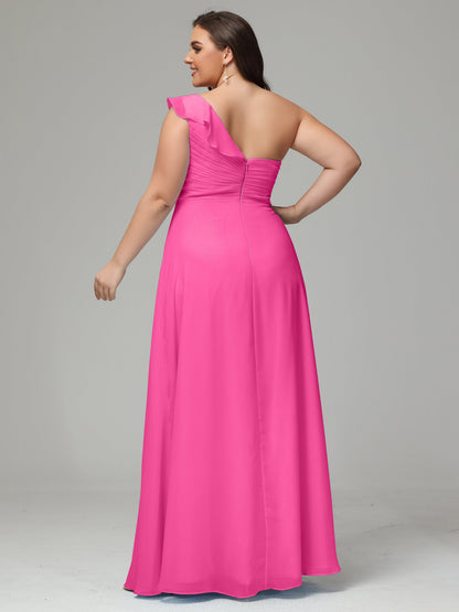 One-Shoulder Ruffles Plus Size Chiffon Bridesmaid Dresses