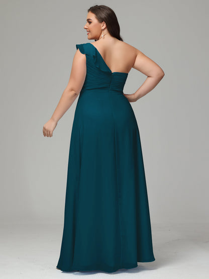 One-Shoulder Ruffles Plus Size Chiffon Bridesmaid Dresses
