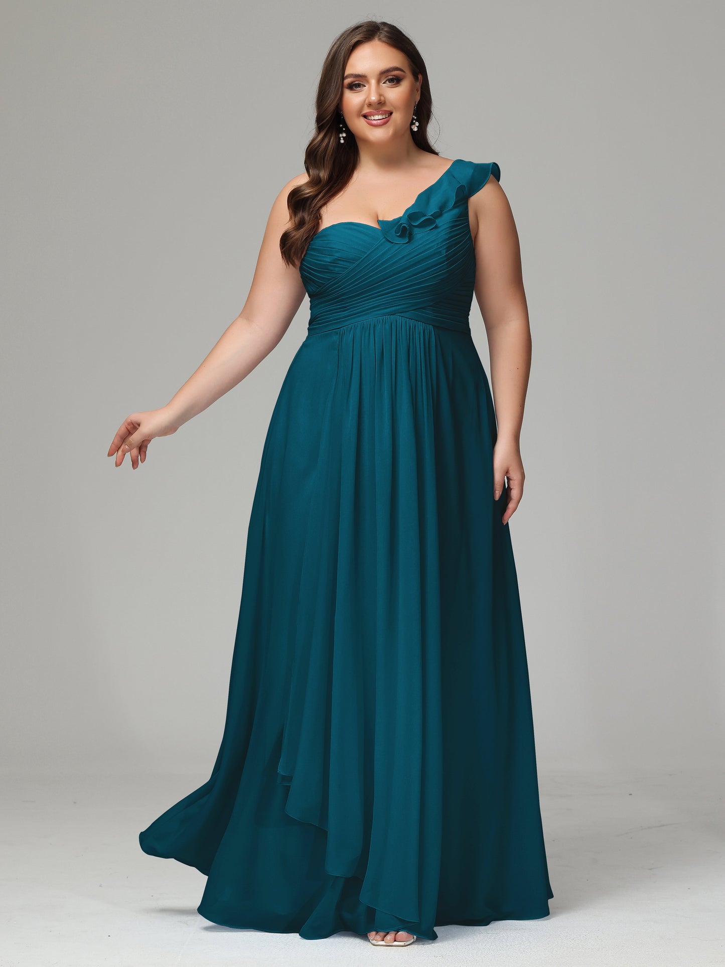 One-Shoulder Ruffles Plus Size Chiffon Bridesmaid Dresses
