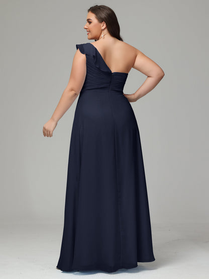 One-Shoulder Ruffles Plus Size Chiffon Bridesmaid Dresses