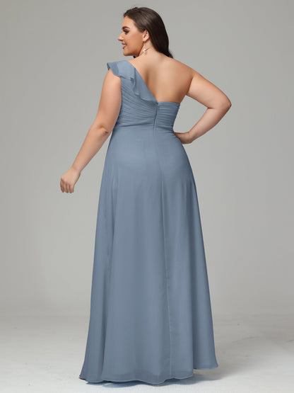 One-Shoulder Ruffles Plus Size Chiffon Bridesmaid Dresses