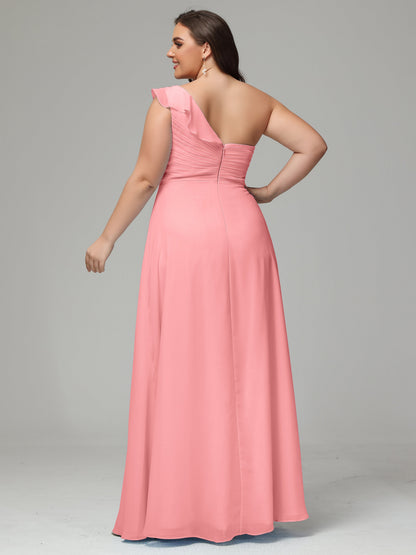 One-Shoulder Ruffles Plus Size Chiffon Bridesmaid Dresses