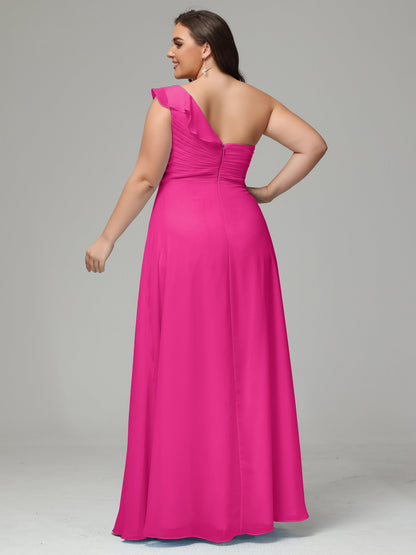 One-Shoulder Ruffles Plus Size Chiffon Bridesmaid Dresses