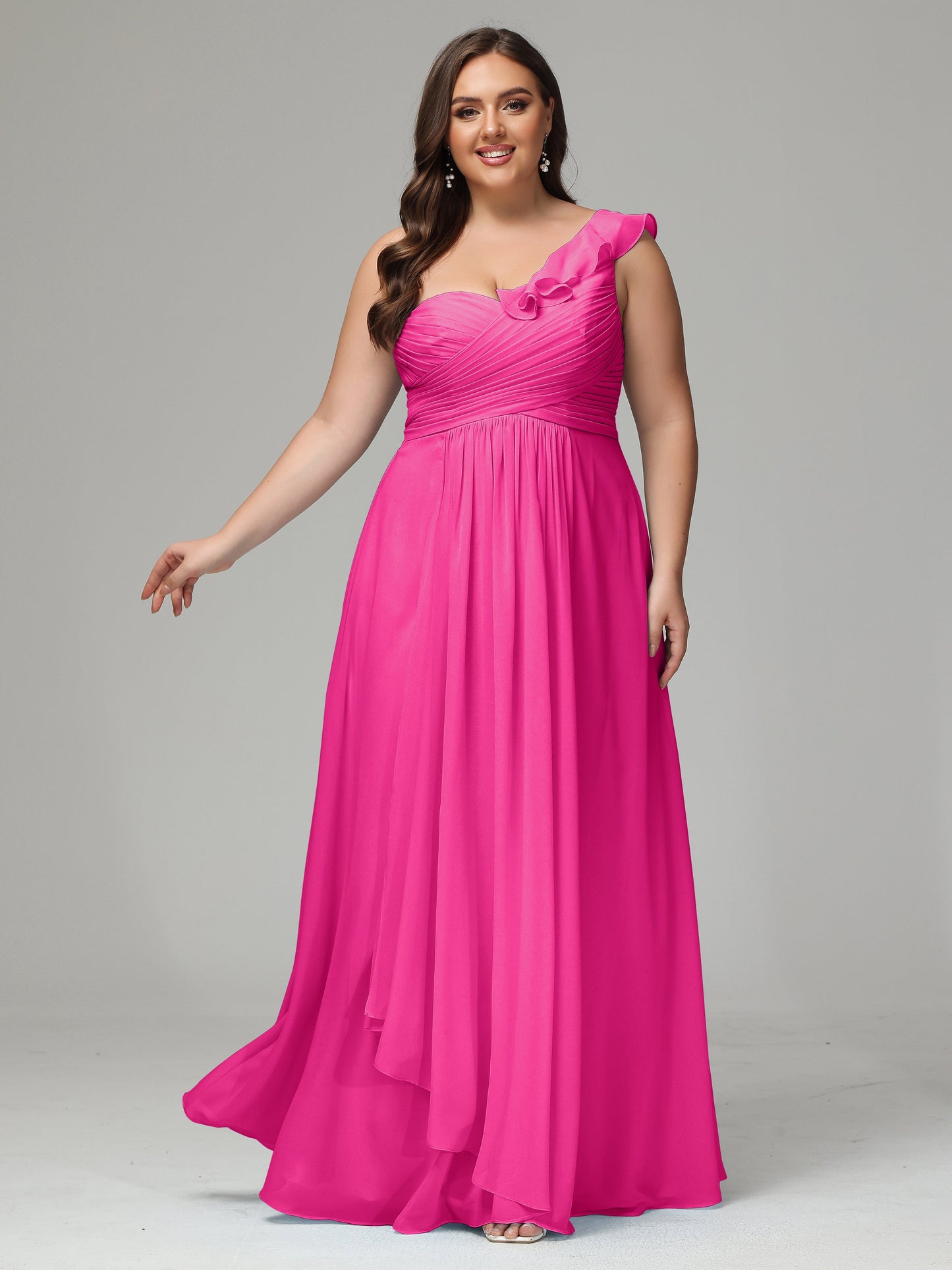 One-Shoulder Ruffles Plus Size Chiffon Bridesmaid Dresses