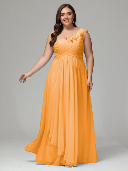 One-Shoulder Ruffles Plus Size Chiffon Bridesmaid Dresses