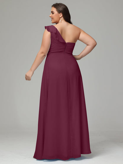 One-Shoulder Ruffles Plus Size Chiffon Bridesmaid Dresses