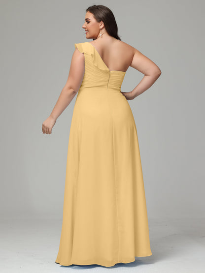 One-Shoulder Ruffles Plus Size Chiffon Bridesmaid Dresses