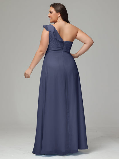 One-Shoulder Ruffles Plus Size Chiffon Bridesmaid Dresses