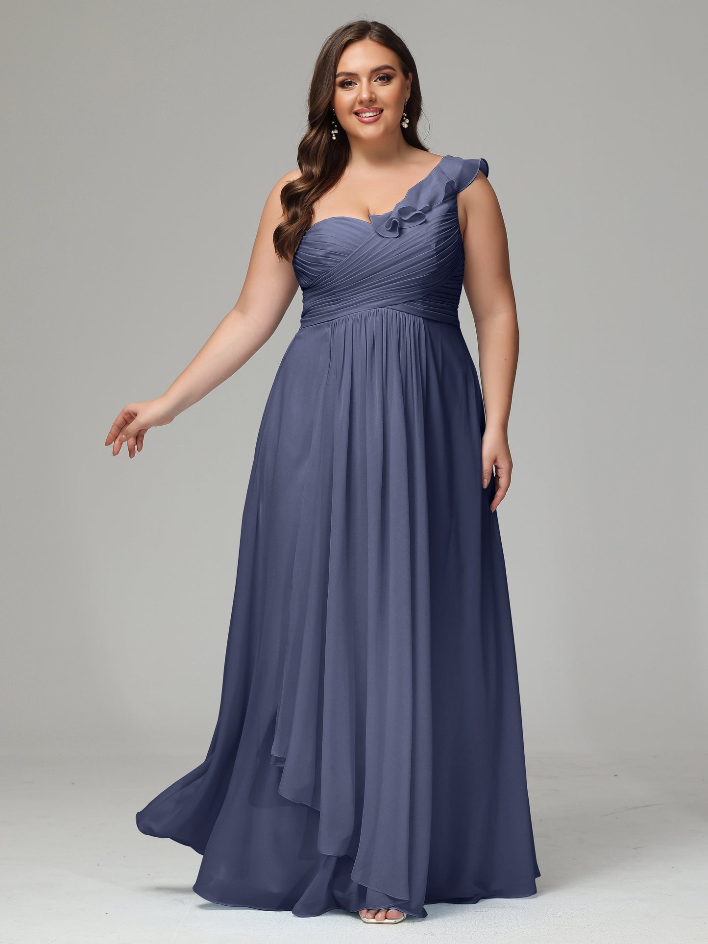 One-Shoulder Ruffles Plus Size Chiffon Bridesmaid Dresses