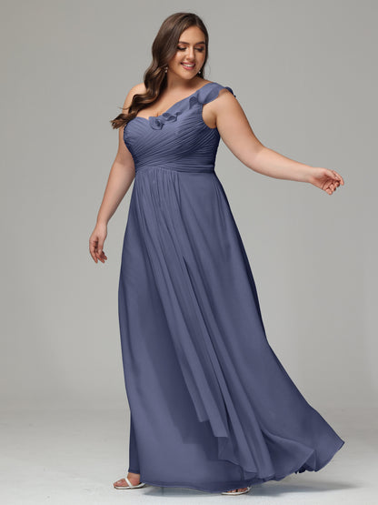 One-Shoulder Ruffles Plus Size Chiffon Bridesmaid Dresses