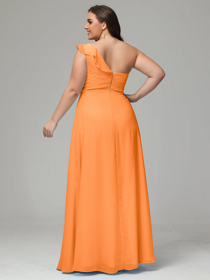 One-Shoulder Ruffles Plus Size Chiffon Bridesmaid Dresses