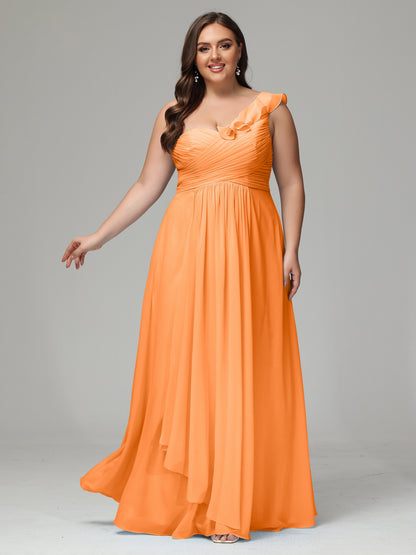 One-Shoulder Ruffles Plus Size Chiffon Bridesmaid Dresses