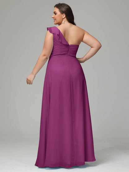 One-Shoulder Ruffles Plus Size Chiffon Bridesmaid Dresses