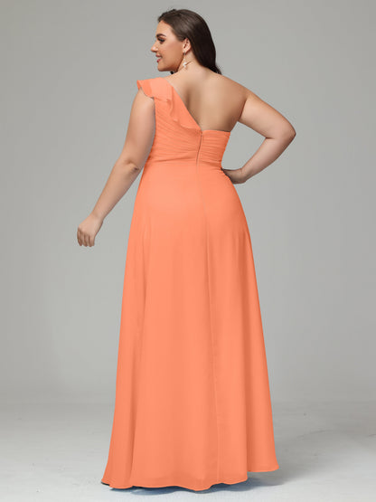 One-Shoulder Ruffles Plus Size Chiffon Bridesmaid Dresses