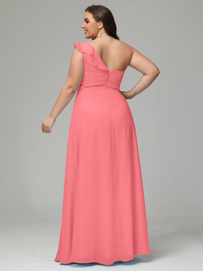 One-Shoulder Ruffles Plus Size Chiffon Bridesmaid Dresses