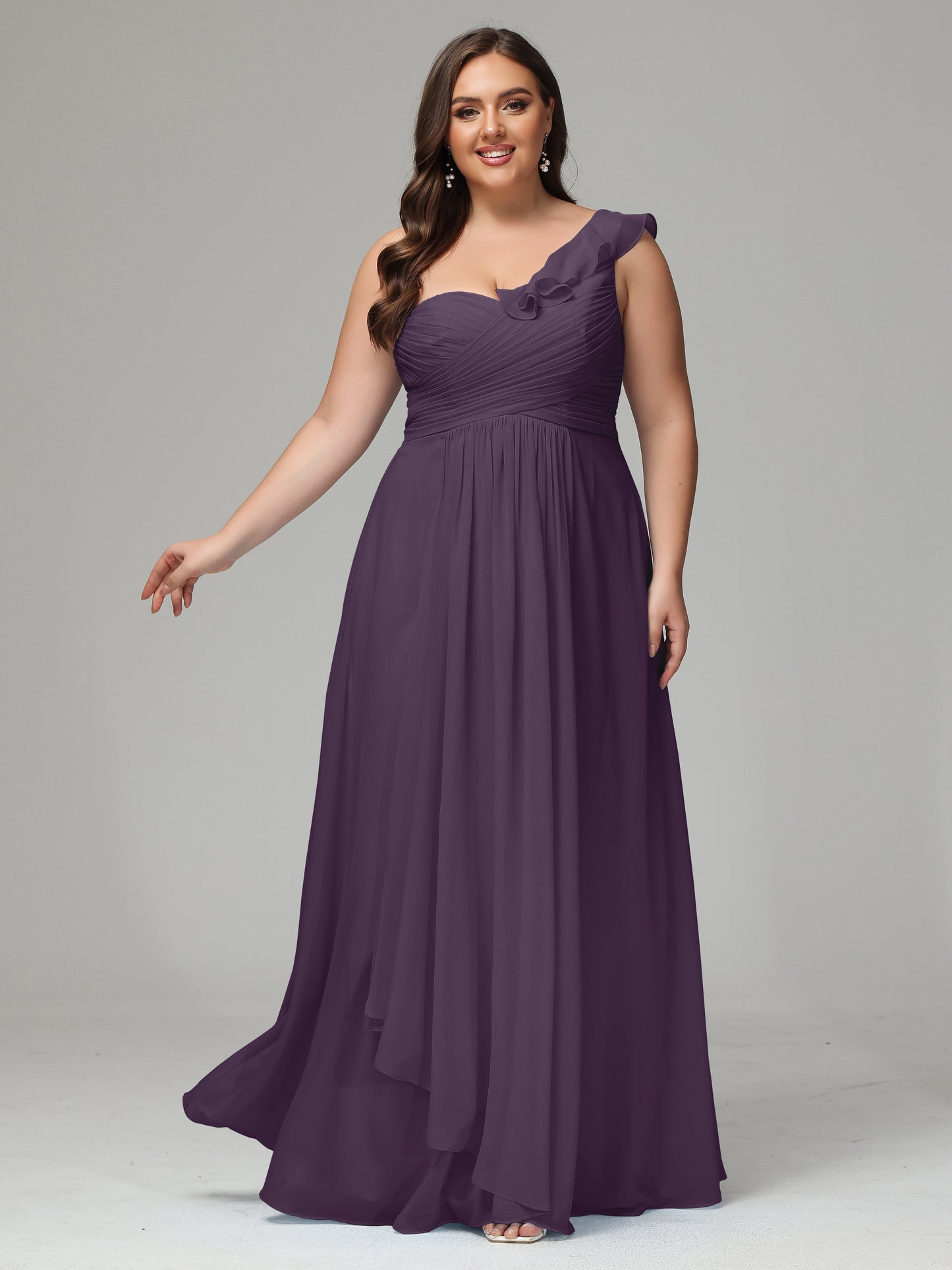 One-Shoulder Ruffles Plus Size Chiffon Bridesmaid Dresses
