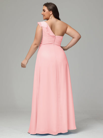 One-Shoulder Ruffles Plus Size Chiffon Bridesmaid Dresses