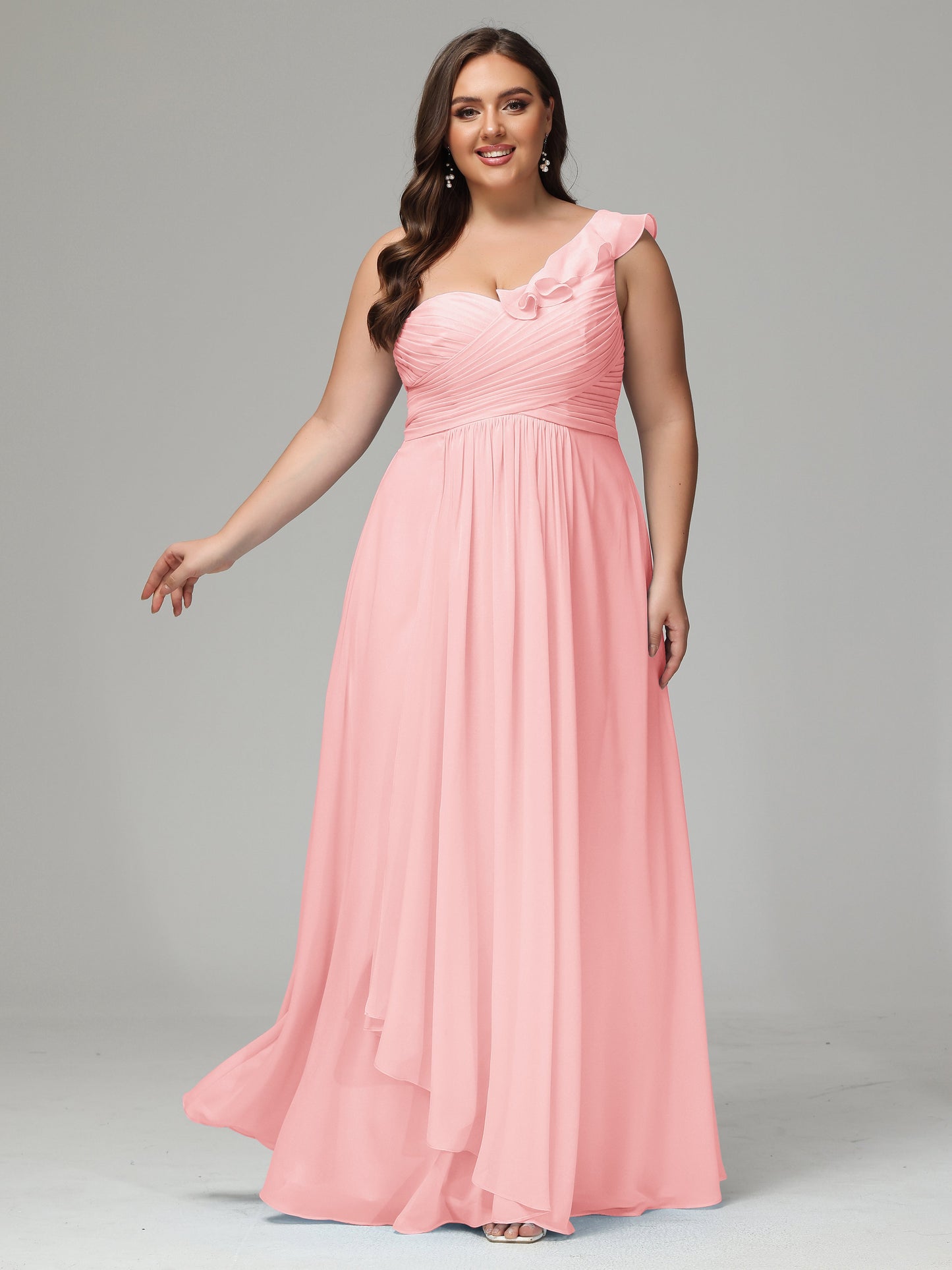 One-Shoulder Ruffles Plus Size Chiffon Bridesmaid Dresses