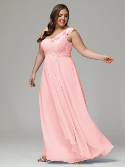 One-Shoulder Ruffles Plus Size Chiffon Bridesmaid Dresses