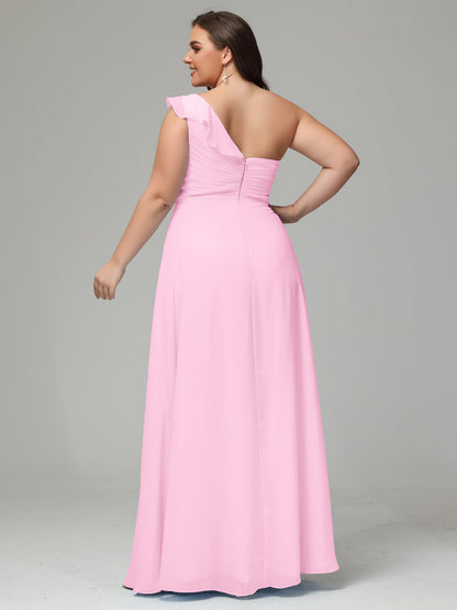 One-Shoulder Ruffles Plus Size Chiffon Bridesmaid Dresses
