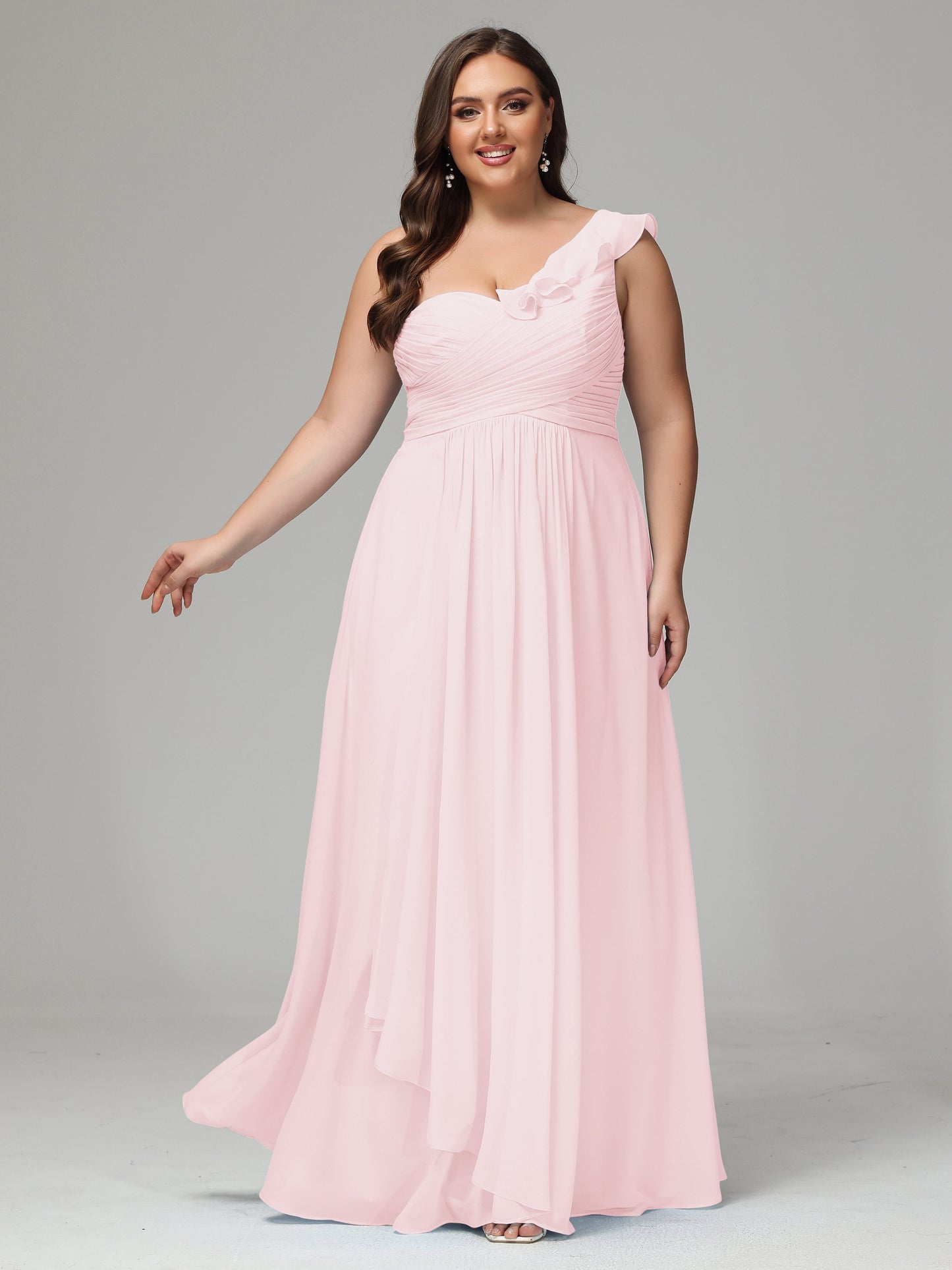 One-Shoulder Ruffles Plus Size Chiffon Bridesmaid Dresses