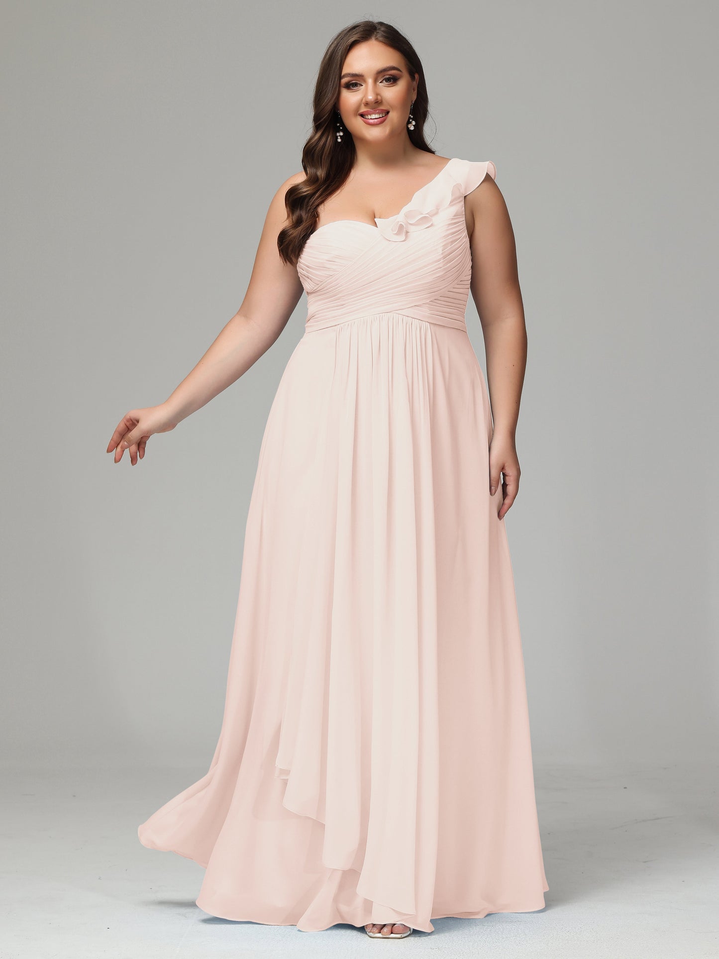 One-Shoulder Ruffles Plus Size Chiffon Bridesmaid Dresses